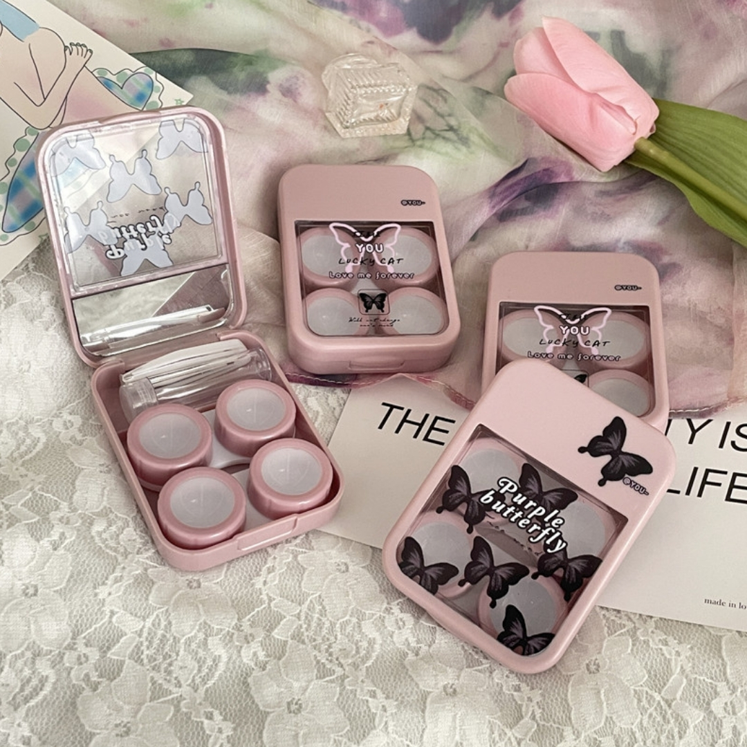 Picture of New Pink Butterfly Prints Double Set Contact Lenses Glasses Kits Contact Lenses Box with Mirror, Applicator,Tweezer and solution Bottle for tour,travel and Outdoor new design and othentic quality Travel Kit Of all type Of Contact lens  #butterflykit