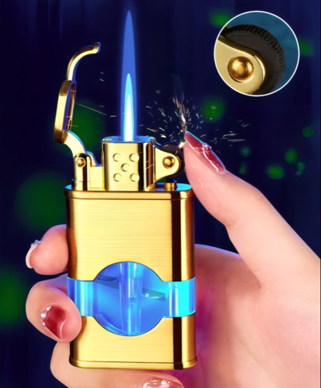 Picture of Windproof tank visible Straight Flame Lighter Metal Press Ignition Refillable Gas Lighters Men Gift