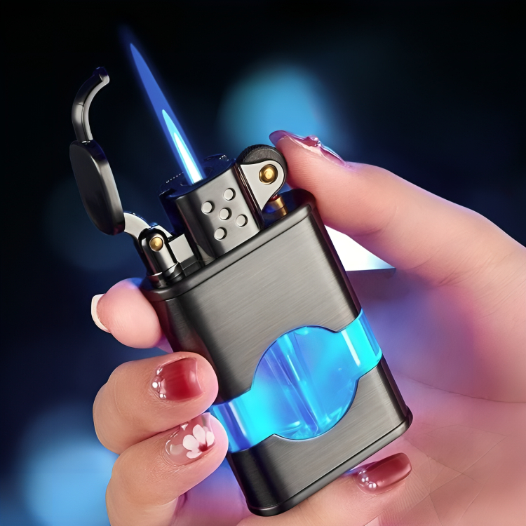 Picture of Windproof tank visible Straight Flame Lighter Metal Press Ignition Refillable Gas Lighters Men Gift