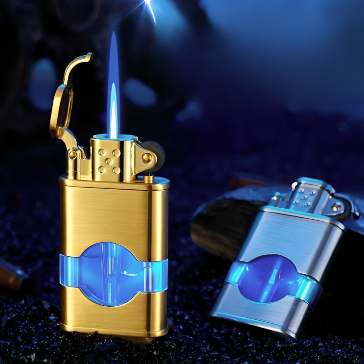 Picture of Windproof tank visible Straight Flame Lighter Metal Press Ignition Refillable Gas Lighters Men Gift