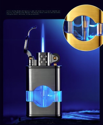 Picture of Windproof tank visible Straight Flame Lighter Metal Press Ignition Refillable Gas Lighters Men Gift