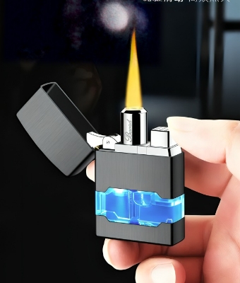 Picture of New Metal Vintage Gold Direct Flame with LED Blue Light Inflatable Windproof Lighter Cool Butane Gas Gentleman Series Lighter