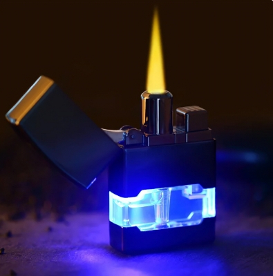 Picture of New Metal Vintage Gold Direct Flame with LED Blue Light Inflatable Windproof Lighter Cool Butane Gas Gentleman Series Lighter