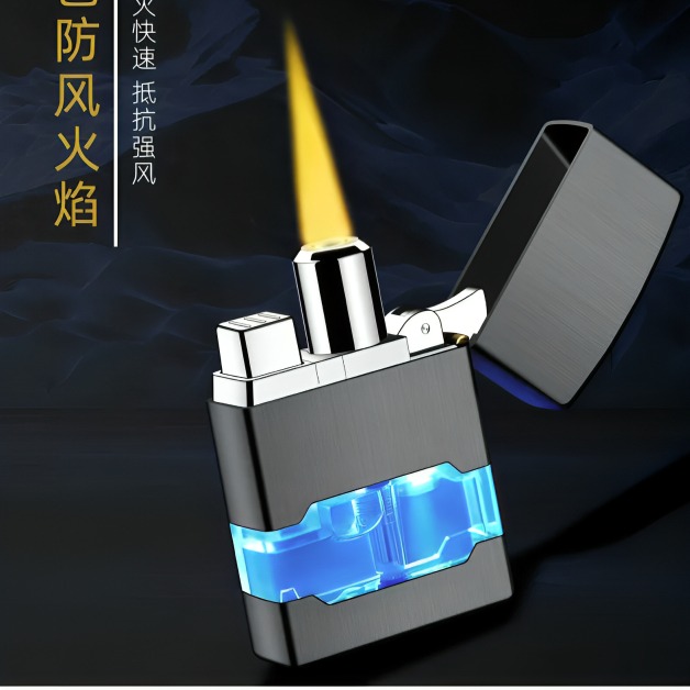 Picture of New Metal Vintage Gold Direct Flame with LED Blue Light Inflatable Windproof Lighter Cool Butane Gas Gentleman Series Lighter