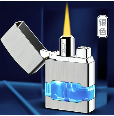 Picture of New Metal Vintage Gold Direct Flame with LED Blue Light Inflatable Windproof Lighter Cool Butane Gas Gentleman Series Lighter