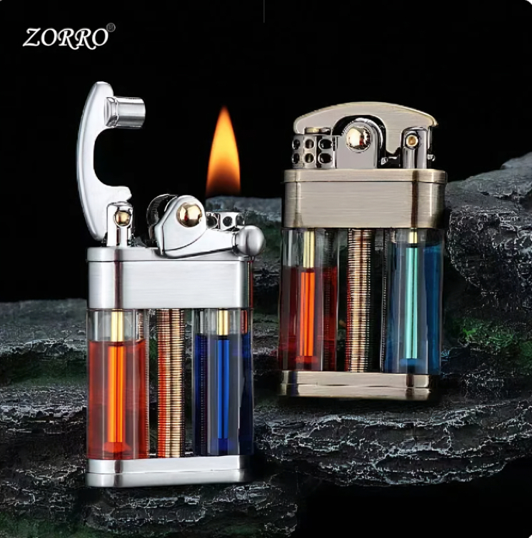 Picture of Zorro Metal oil Lighter Transparent Fuel Tank Creative Retro Grinding Wheel Portable Cigarete Lighter