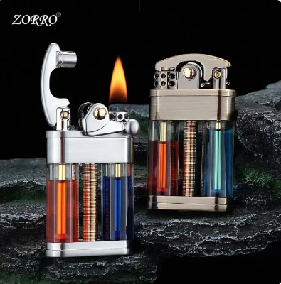 Picture of Zorro Metal oil Lighter Transparent Fuel Tank Creative Retro Grinding Wheel Portable Cigarete Lighter