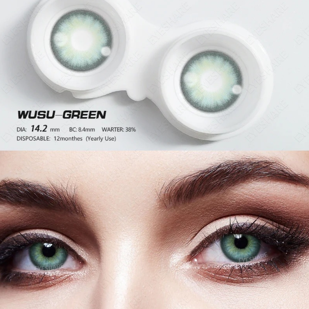 Picture of New Eyeshare Wusu Green Color contact lens with regular kit box for men & women. 1 pair Eyeshare Color contact lens for eye makeup and Cosmetics. Eyeshare Wusu Series Contact Lens. #wusu