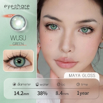 Picture of New Eyeshare Wusu Green Color contact lens with regular kit box for men & women. 1 pair Eyeshare Color contact lens for eye makeup and Cosmetics. Eyeshare Wusu Series Contact Lens. #wusu