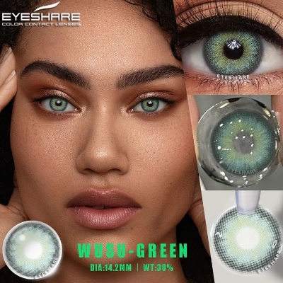 Picture of New Eyeshare Wusu Green Color contact lens with regular kit box for men & women. 1 pair Eyeshare Color contact lens for eye makeup and Cosmetics. Eyeshare Wusu Series Contact Lens. #wusu