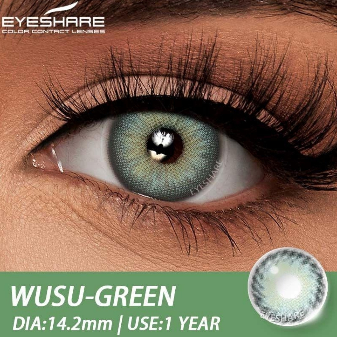 Picture of New Eyeshare Wusu Green Color contact lens with regular kit box for men & women. 1 pair Eyeshare Color contact lens for eye makeup and Cosmetics. Eyeshare Wusu Series Contact Lens. #wusu
