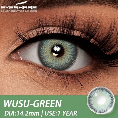 Picture of New Eyeshare Wusu Green Color contact lens with regular kit box for men & women. 1 pair Eyeshare Color contact lens for eye makeup and Cosmetics. Eyeshare Wusu Series Contact Lens. #wusu