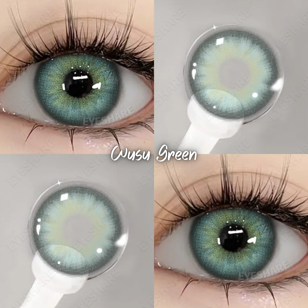 Picture of New Eyeshare Wusu Green Color contact lens with regular kit box for men & women. 1 pair Eyeshare Color contact lens for eye makeup and Cosmetics. Eyeshare Wusu Series Contact Lens. #wusu