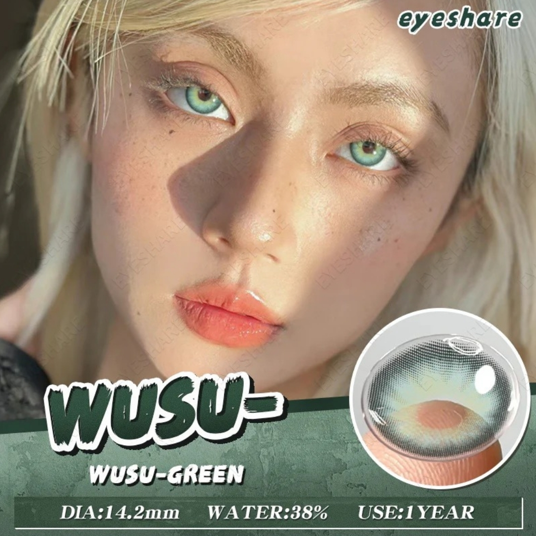 Picture of New Eyeshare Wusu Green Color contact lens with regular kit box for men & women. 1 pair Eyeshare Color contact lens for eye makeup and Cosmetics. Eyeshare Wusu Series Contact Lens. #wusu