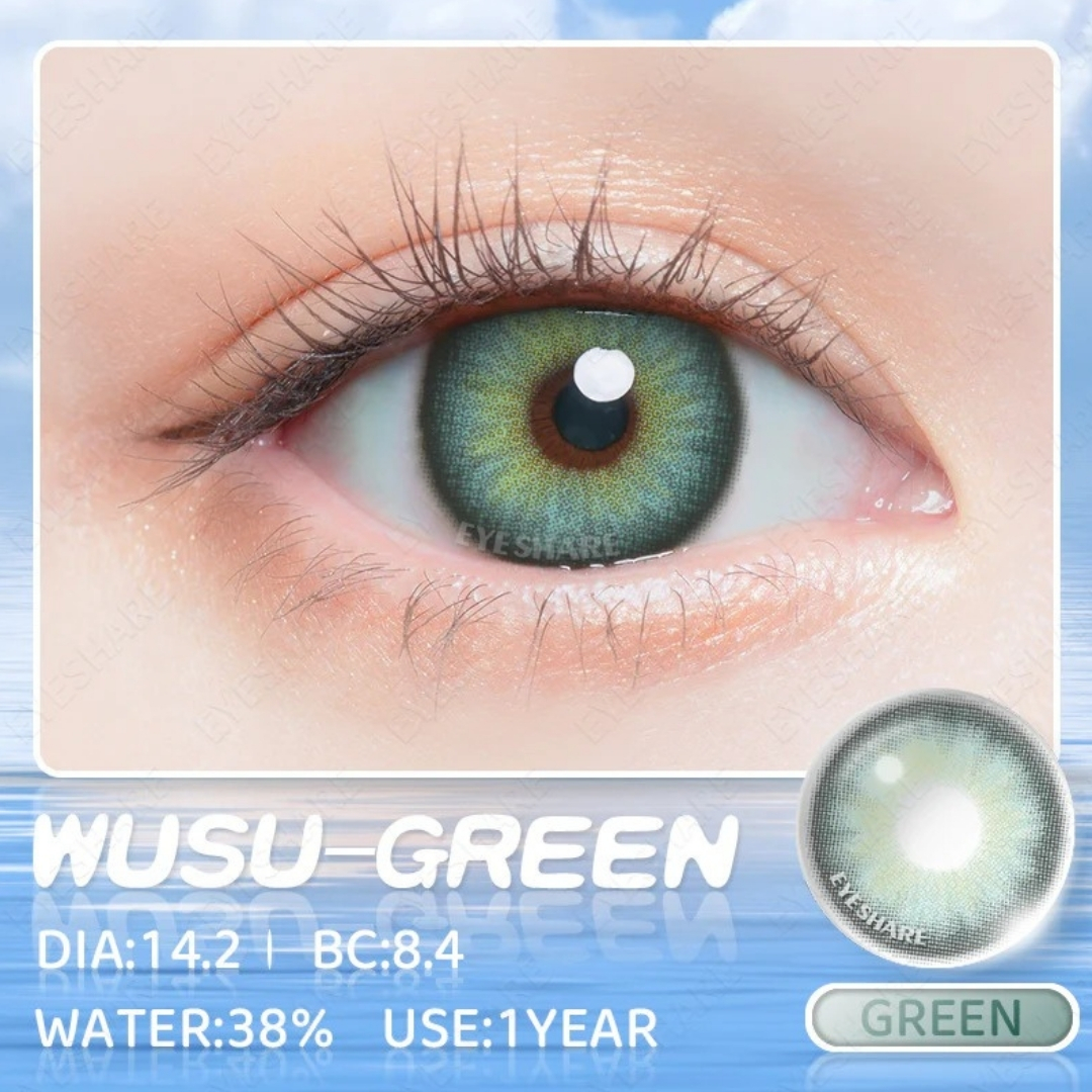 Picture of New Ksseye Wusu Green Color contact lens with regular kit box for men & women. 1 pair Ksseye Color contact lens for eye makeup and Cosmetics. Ksseye Wusu Series Contact Lens. #wusu