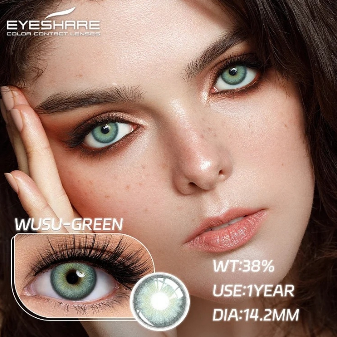 Picture of New Ksseye Wusu Green Color contact lens with regular kit box for men & women. 1 pair Ksseye Color contact lens for eye makeup and Cosmetics. Ksseye Wusu Series Contact Lens. #wusu