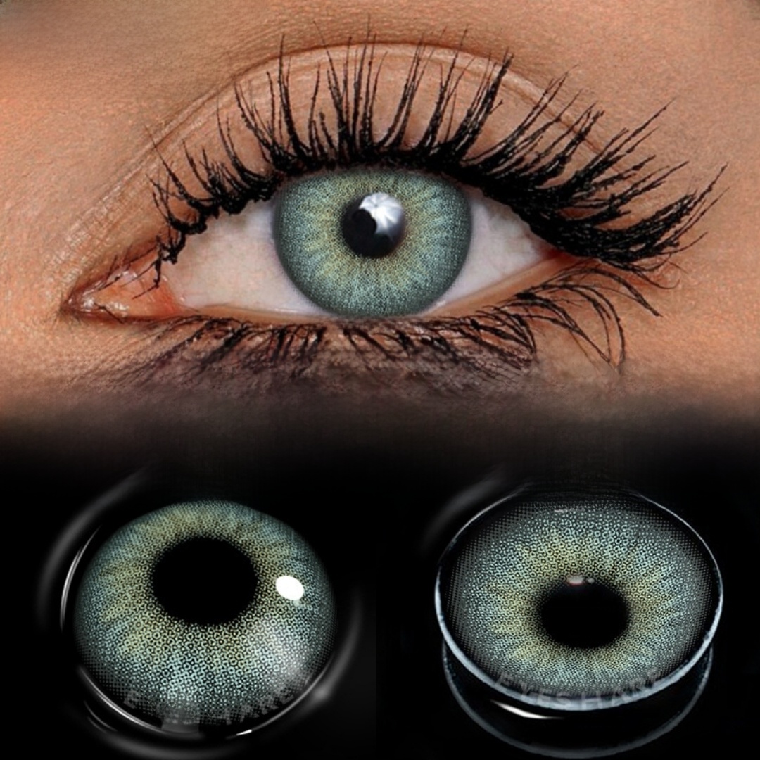Picture of New Eyeshare Wusu Green Color contact lens with regular kit box for men & women. 1 pair Eyeshare Color contact lens for eye makeup and Cosmetics. Eyeshare Wusu Series Contact Lens. #wusu