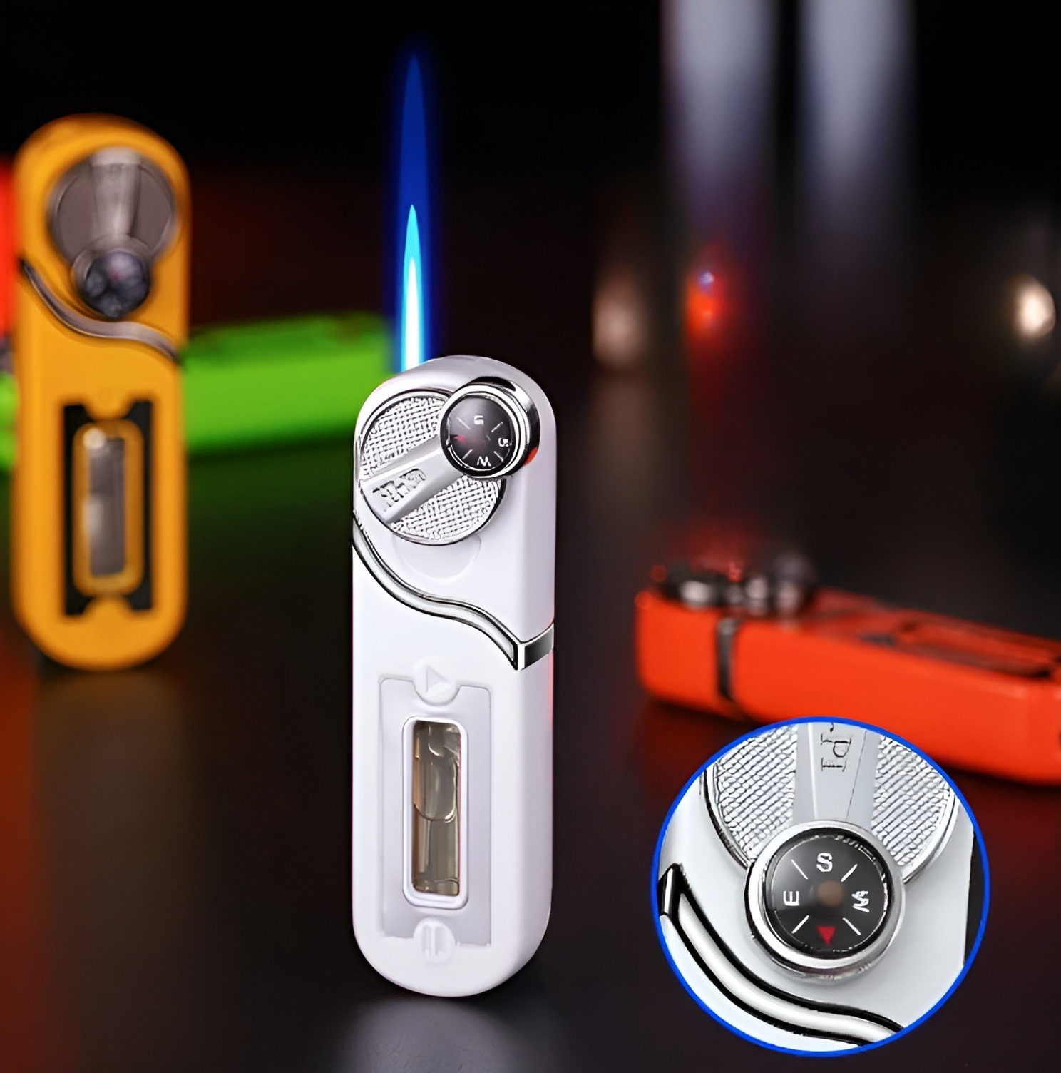 Picture of Outdoor Windproof Inflatable Compass Lighter Blue Flame Mini Portable Rocker Ignition Visible Gas Chamber Cute Lighter