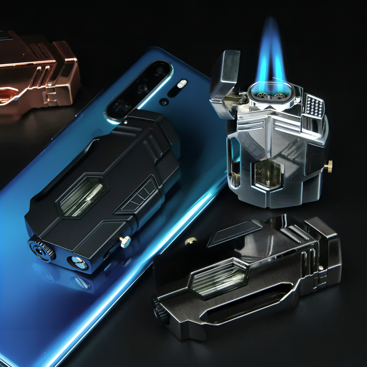 Picture of New Metal Double Flame Butane Gas Lighter Windproof Big Flame Lighter Outdoor Visible Gas Window Gift for Men