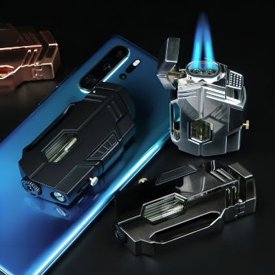 Picture of New Metal Double Flame Butane Gas Lighter Windproof Big Flame Lighter Outdoor Visible Gas Window Gift for Men