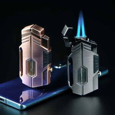 Picture of New Metal Double Flame Butane Gas Lighter Windproof Big Flame Lighter Outdoor Visible Gas Window Gift for Men