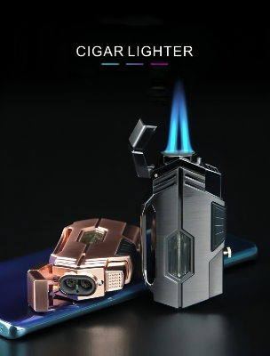 Picture of New Metal Double Flame Butane Gas Lighter Windproof Big Flame Lighter Outdoor Visible Gas Window Gift for Men