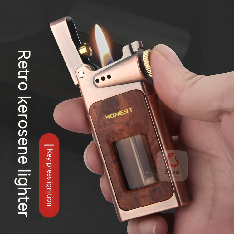 Picture of Honest Vintage kerosene lighter One button ector Metal wheel lighter Oil compartment Cool open flame lighter Gifts See Through