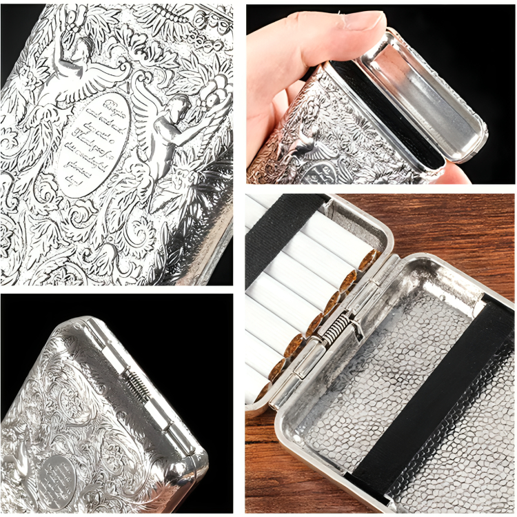 Picture of Retro Carved Ci@garette Case Luxurious Ci@garette Holder Metal Pocket Storage Box for 14 Ci@garettes Accessories