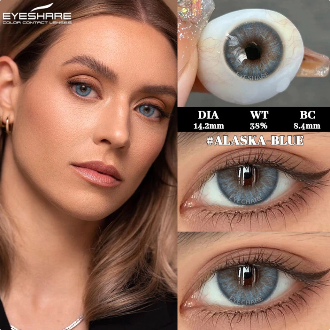 Picture of New Eyeshare Alaska Blue Color contact lens with regular kit box for men & women. 1 pair Eyeshare Color contact lens for eye makeup and Cosmetics. Eyeshare Alaska Series. #Alaska
