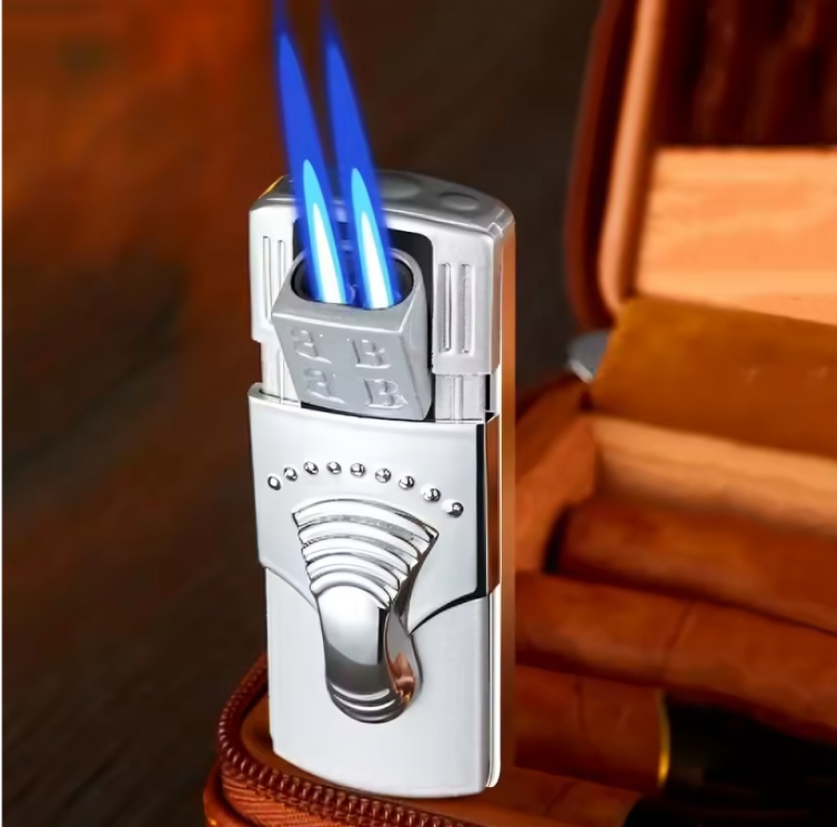 Picture of Inflatable Metal Lighter with Hidden Ignition Mouth, Windproof 2 Jet Torch Lighter for Cigar Special Igniter, Resistant Spitfire