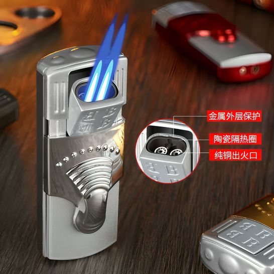 Picture of Inflatable Metal Lighter with Hidden Ignition Mouth, Windproof 2 Jet Torch Lighter for Cigar Special Igniter, Resistant Spitfire