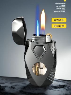 Picture of Creative Double Flame Gas Lighter, Grinding Wheel Ignition, Metal Body, Direct Injection + Open Flame, Cool Mecha Style