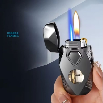 Picture of Creative Double Flame Gas Lighter, Grinding Wheel Ignition, Metal Body, Direct Injection + Open Flame, Cool Mecha Style