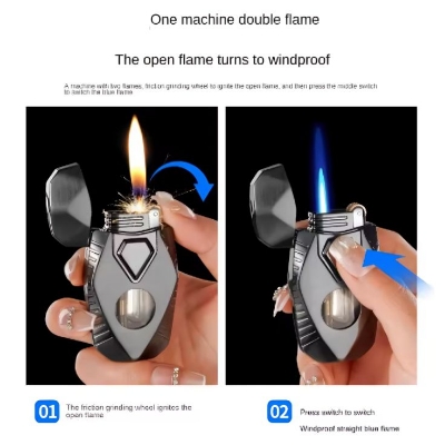 Picture of Creative Double Flame Gas Lighter, Grinding Wheel Ignition, Metal Body, Direct Injection + Open Flame, Cool Mecha Style