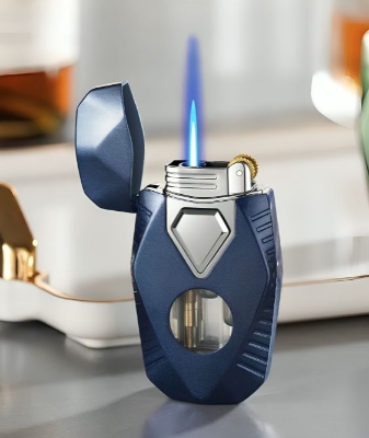 Picture of Creative Double Flame Gas Lighter, Grinding Wheel Ignition, Metal Body, Direct Injection + Open Flame, Cool Mecha Style