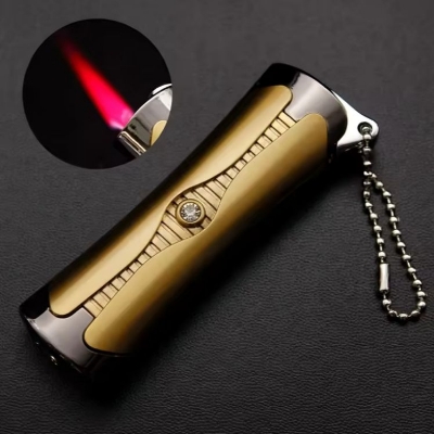 Picture of Outdoor Portable Electroplated Metal Inflatable Lighter Windproof Jet Red Flame Pendant Diamond Inlaid Lighter Men's Gift