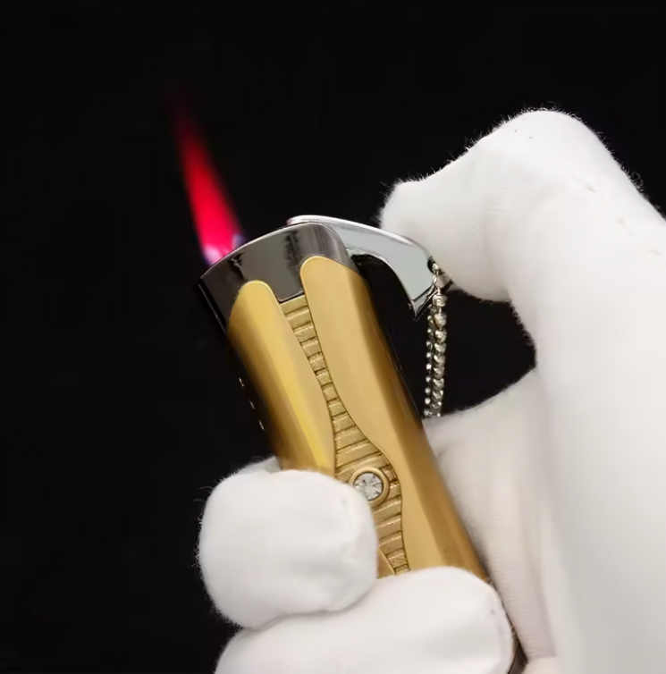Picture of Outdoor Portable Electroplated Metal Inflatable Lighter Windproof Jet Red Flame Pendant Diamond Inlaid Lighter Men's Gift