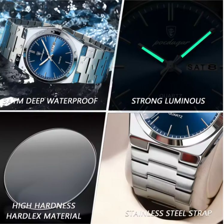 Picture of POEDAGAR Luxury Watches Men Stainless Steel Waterproof Luminous Men's Watch Date Week Fashion Casual Quartz Watch Men Reloj