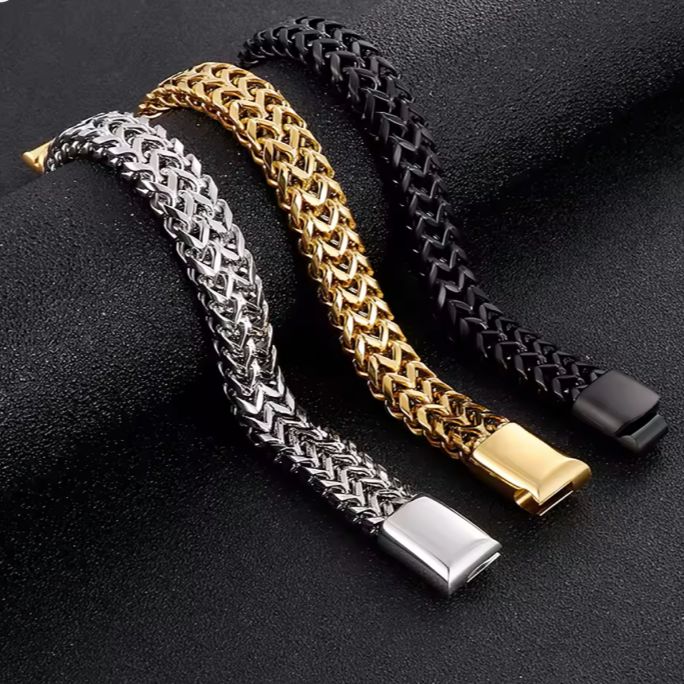 Picture of FYSARA Punk Men's Bracelets with Heavy Weave Chain Black Stainless Steel 15mm Width Luxury Brand Jewelry Bracelets