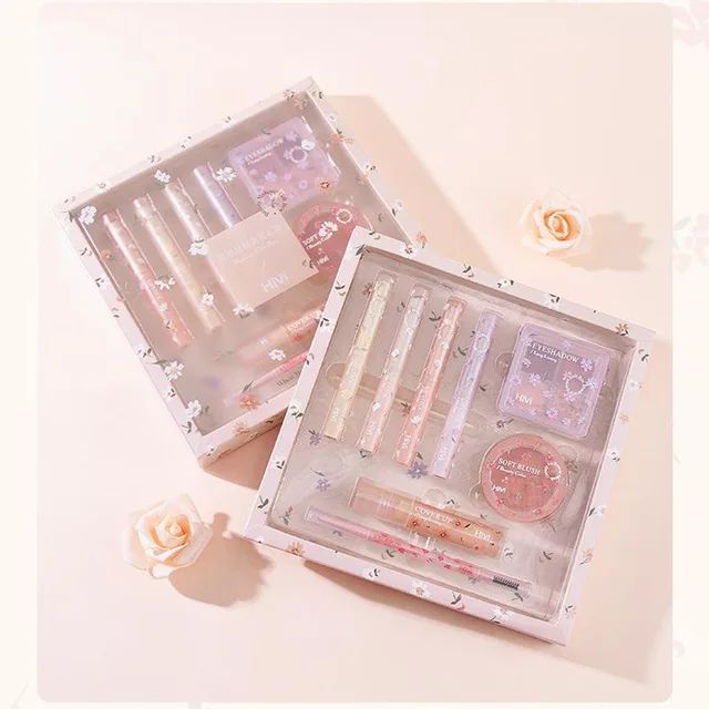 Picture of Flower Beauty Makeup Set Gift Box Hivi Velvet Lip Glaze Lipstick Eyeshadow Holiday Gift For Girlfriend & Wife 8pcs Make-up Set