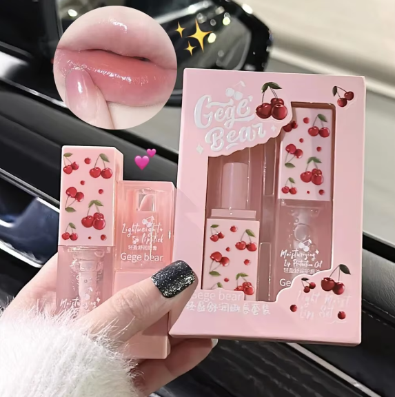 Picture of Cherry Hydrating Lip Balm and Lip Oil Set Gege Bear Light Moisturizing Soothing and Tender Lips for Winter