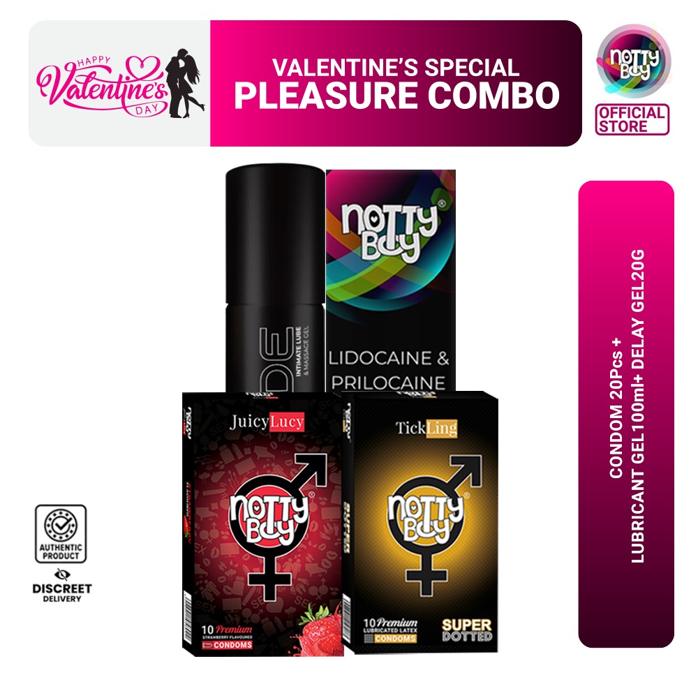 Picture of NottyBoy Valentine's Special Pleasure Combo Pack =  Nottyboy Delay Gel 20g + Lubricant Gel 100ml + Nottyboy Condom Strawberry 10s, Extra Dots 10s