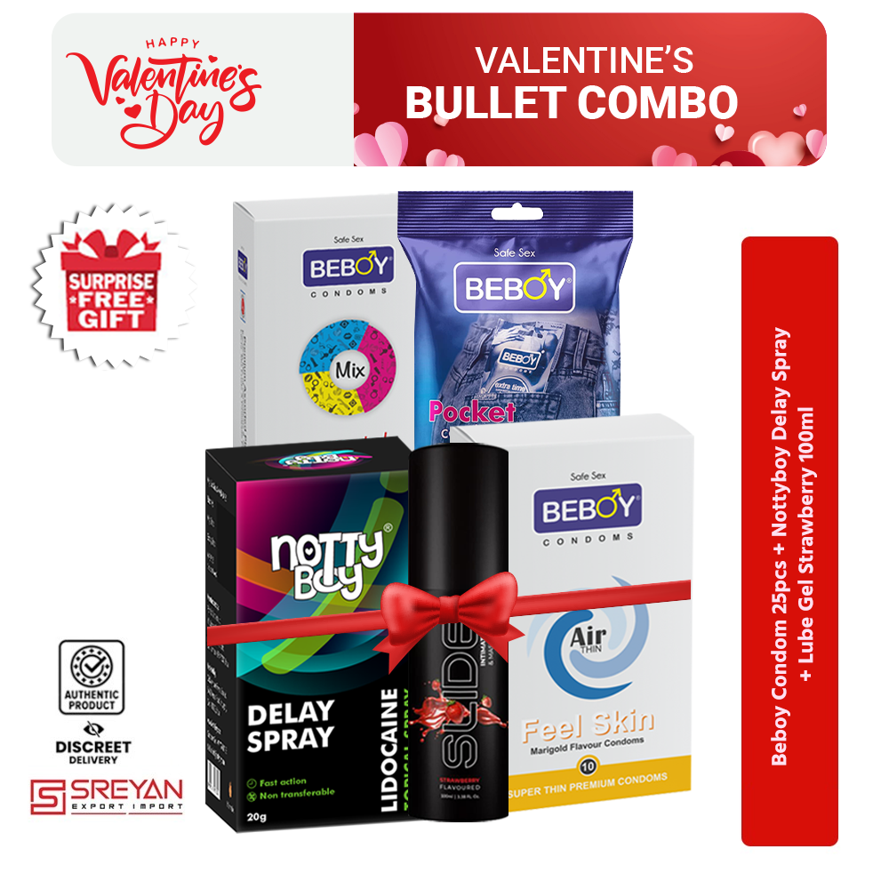 Picture of Valentine's Surprise Bullet Combo - Condom - Lube Gel - Delay Spray Combo Multi-Variant - Nottyboy + Beboy + 25Pcs Condoms + 100ml Lube Gel 1PCS + Nottyboy Delay Spray 1Pcs - With  Gift