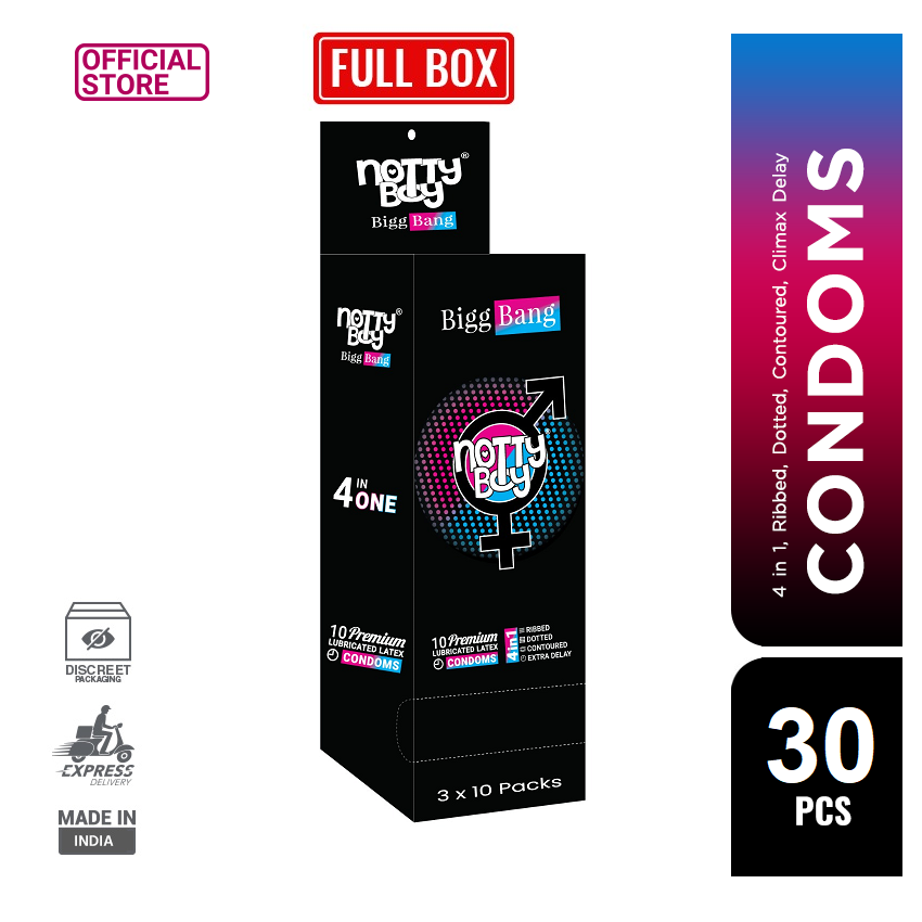 Picture of NottyBoy BiggBang 4in1 Ribbed, Climax, Dots & Contour Extra Time Condom - 30Pcs Full Box(India)