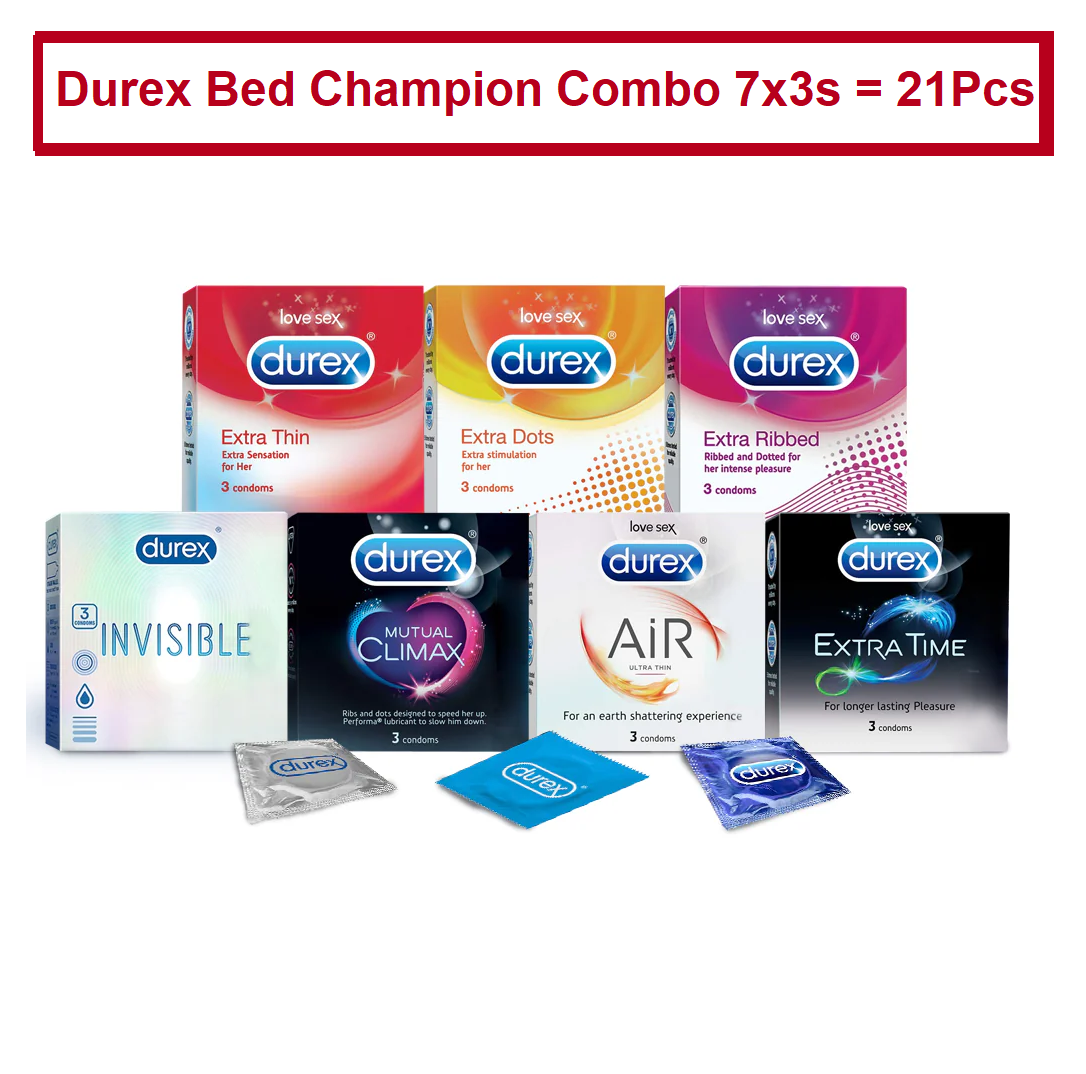 Picture of Durex Bed Champion Combo 3x7s = 21Pcs Condom - Invisible , Extra Dot , Extra Thin, Extra Time, Mutual Climax, Ribbed and Air