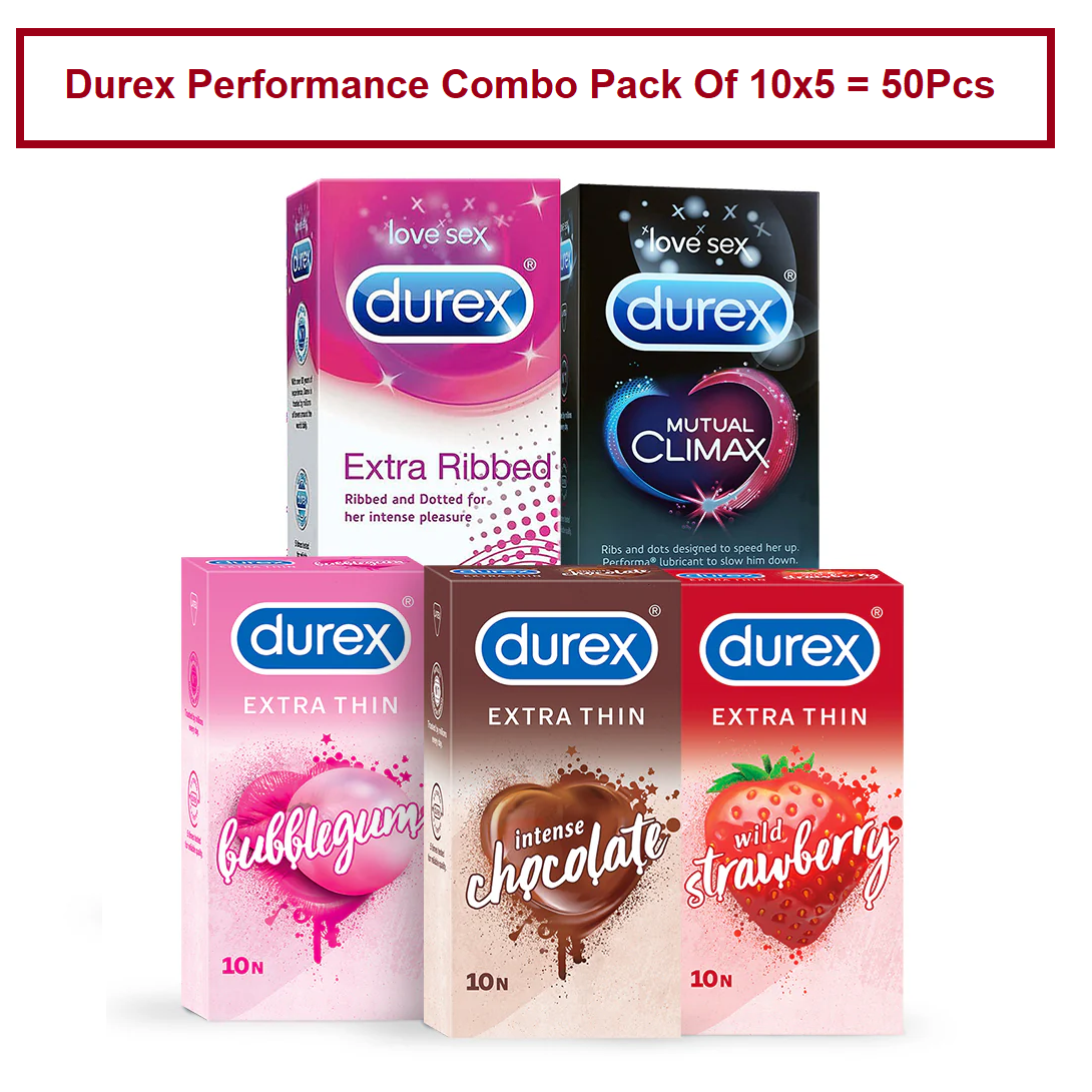 Picture of Durex Performance Combo Pack Of 10x5 = 50Pcs Condom - Extra Thin BubbleGum, Strawberry , Chocolate , Ribbed & Mutual Climax