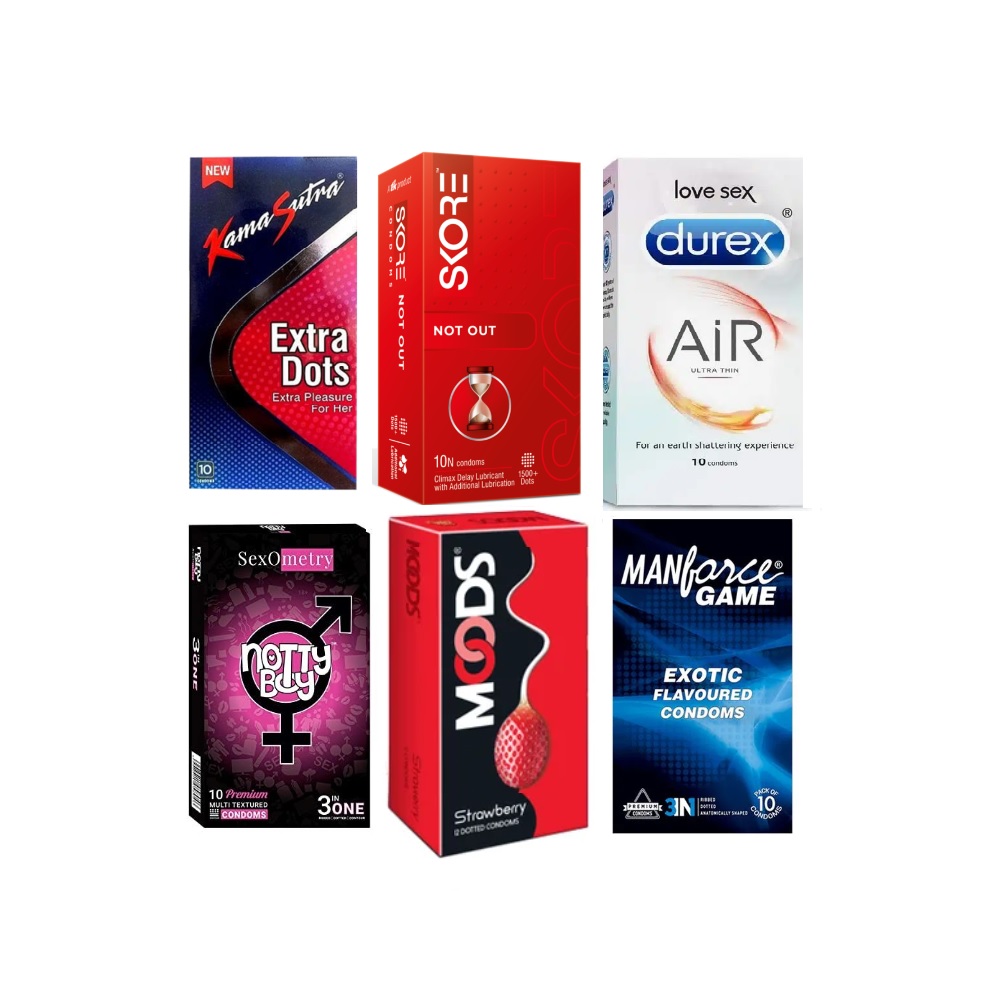 Picture of Durex Adventure Combo Condom = 62Pcs - Durex Air 10s + Manforce Game 10s + Skore Not Out 10s + Nottyboy 3in1 + Kamasutra Extra Dots 10s + Moods Strawberry 12s