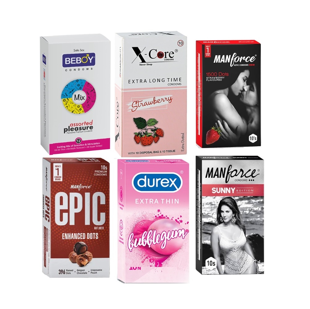 Picture of Durex LoveGuard Combo = 62Pcs Condom + Durex BubbleGum 10s + Manforce Sunny 10s + Strawberry 10s + Epic Enhanced Dots 10s + Xcore Strawberry 10s+ Beboy Mixed 12s