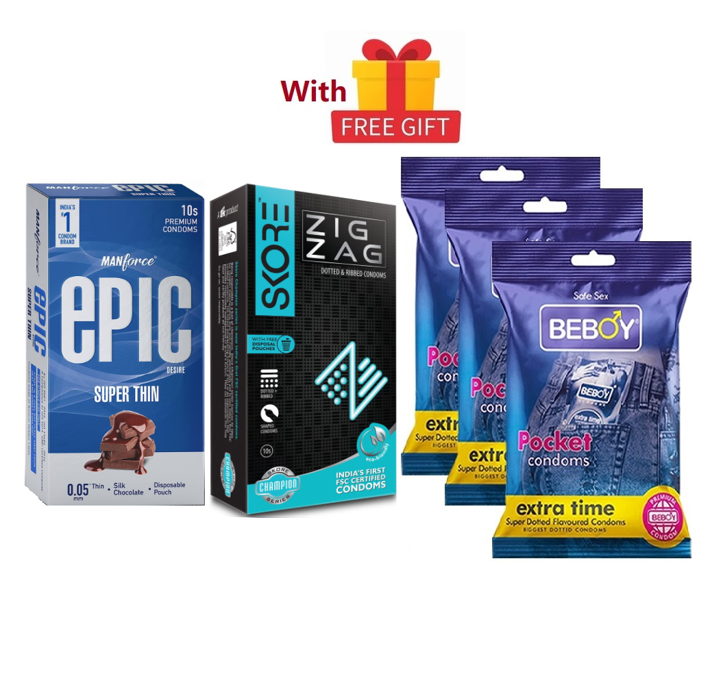 Picture of Manforce SafeChoice Combo = 29 Pcs Condom + Manforce Epic Super Thin 10s + Skore Zig Zag 10s + Beboy Big Dotted Paan 9s+ Free Gift