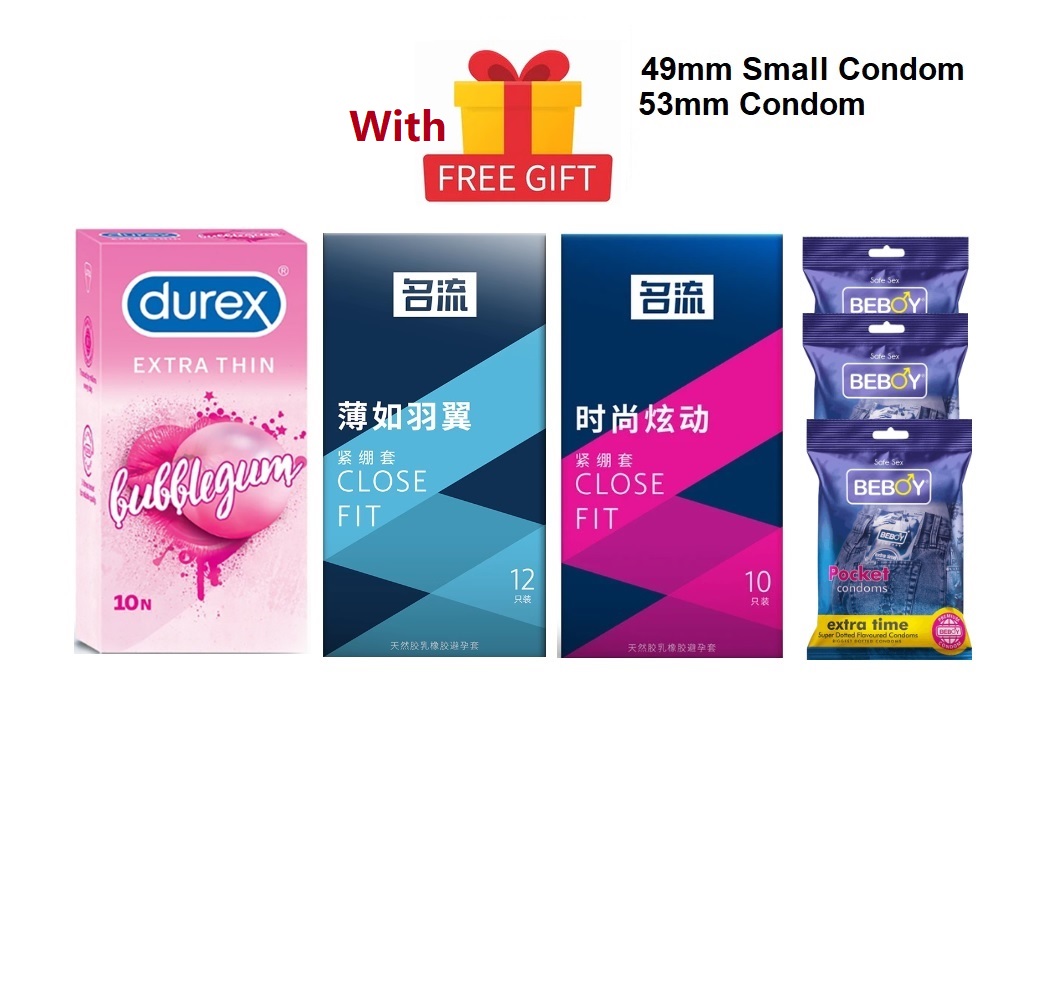 Picture of Durex Small Condom Combo = 41Pcs + Durex BubbleGum 10s + Celebrity Close Fit Small 12s + Celebrity Close Fit 49mm Dot 10s + Beboy Extra Dotted Paan 9s + Free Gift